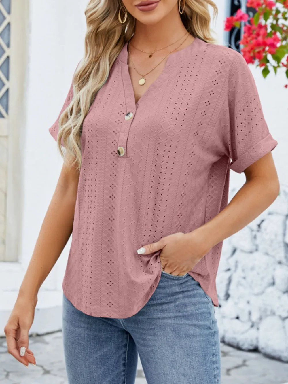 Eyelet Notched Short Sleeve Blouse, image 13