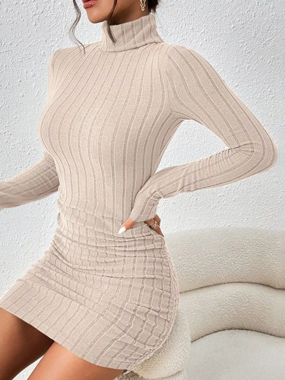 Turtleneck Ribbed Bodycon Mini Dress, image 17
