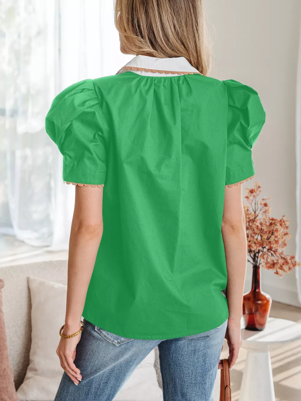 Ricrac Trim Color Block Patchwork Shirt Collar Short Sleeve Blouse, image 9