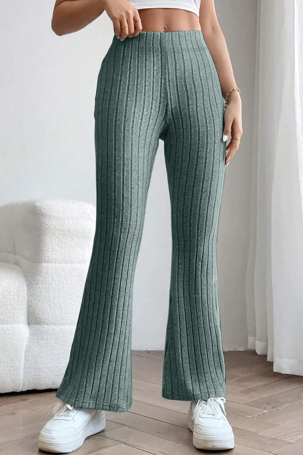 Full Size Ribbed High Waist Flare Pants, image 16