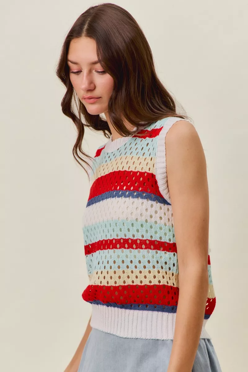 Tie Back Multi Stripe Sweater Knit Tank Top, image 2