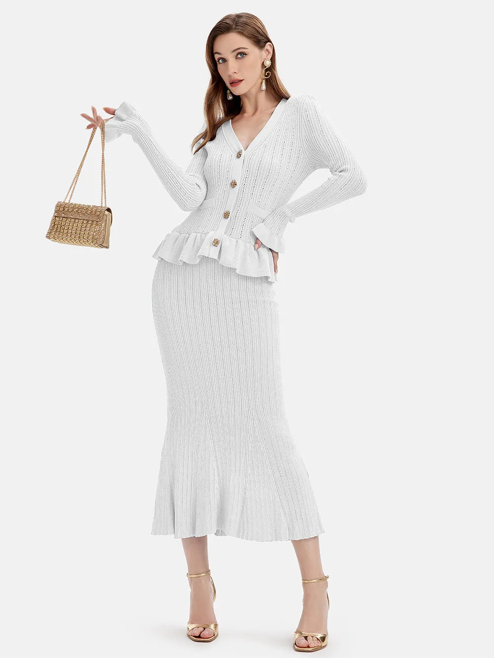 Ruffled V-Neck Top and Midi Skirt Sweater Set, image 2