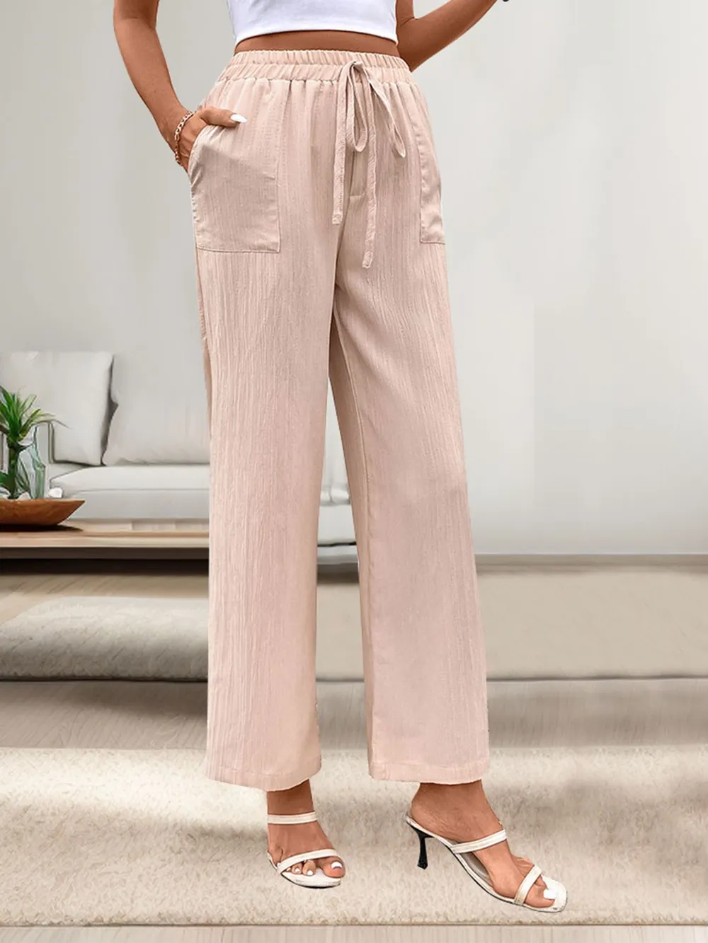 Tied Wide Leg Pants with Pockets, image 3