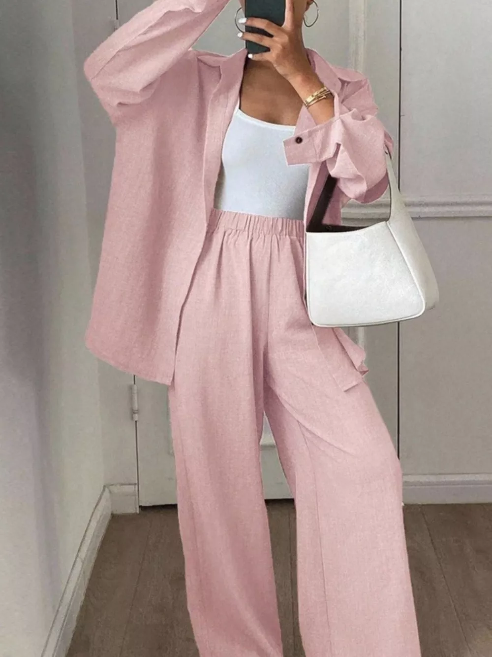 Button Up Long Sleeve Shirt and Wide Leg Pants Set, image 28