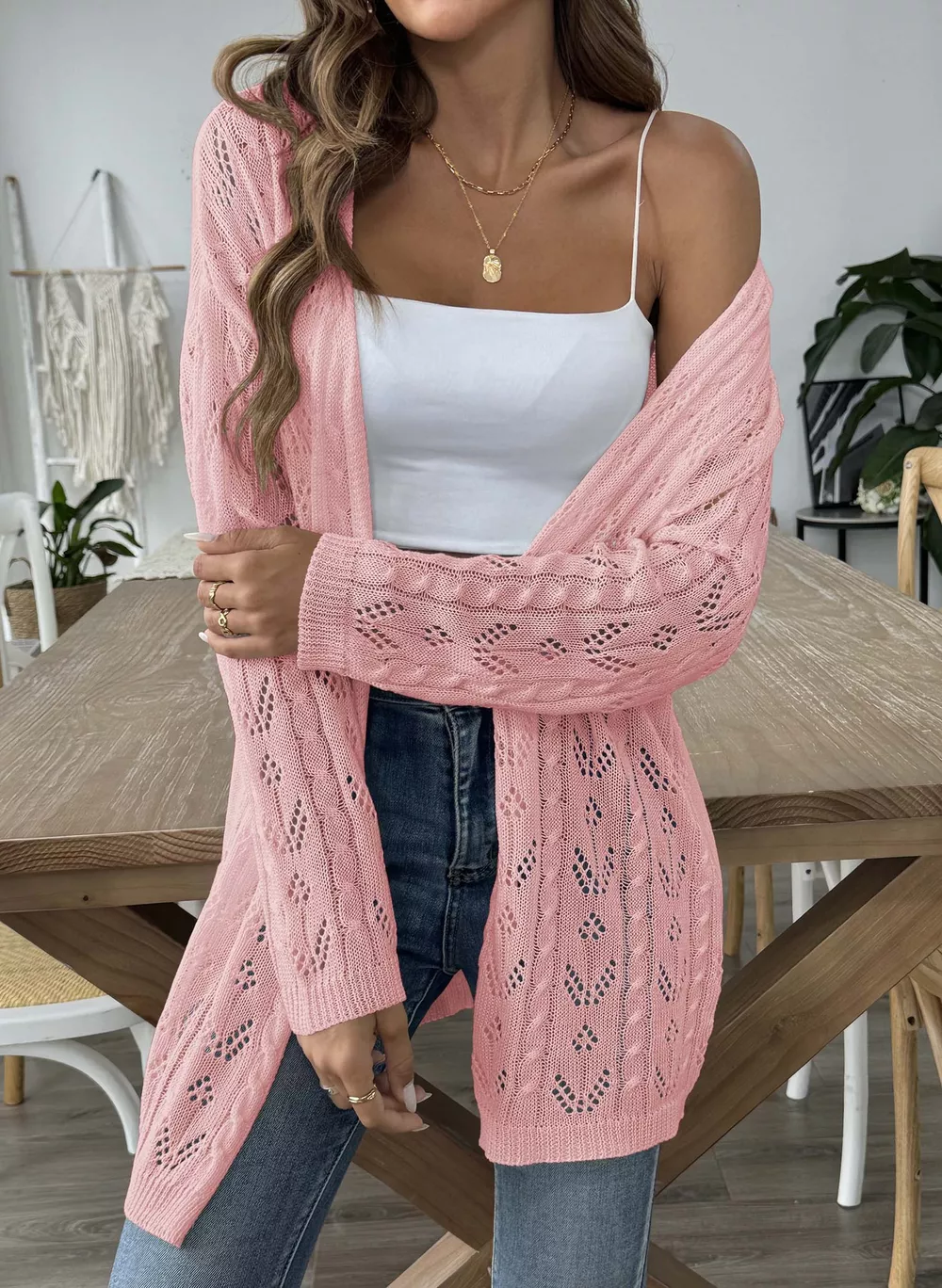 Openwork Open Front Knit Cardigan, image 15