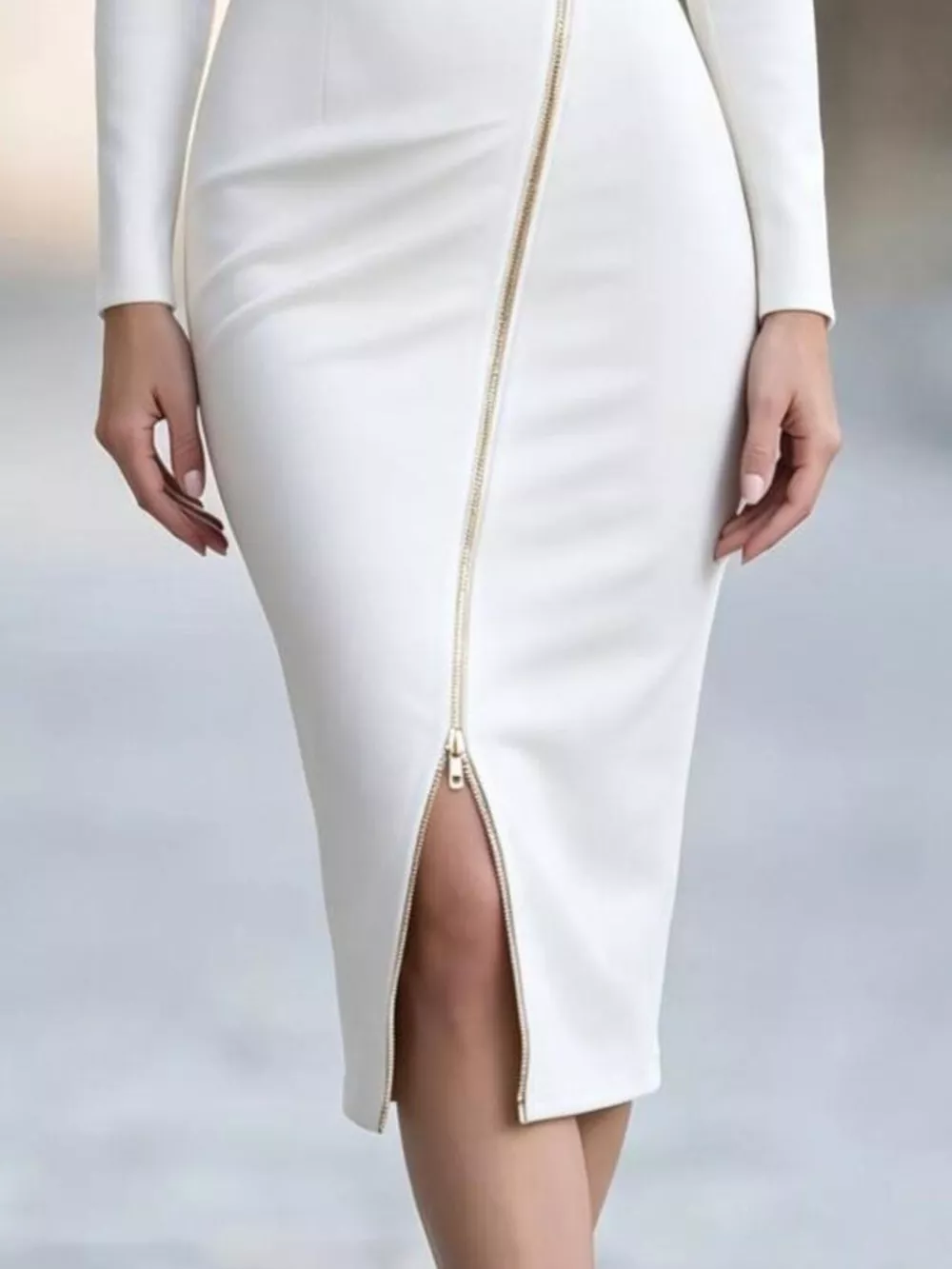 Elegant Asymmetric Zipper Lapel Bodycon Midi Dress, image 6