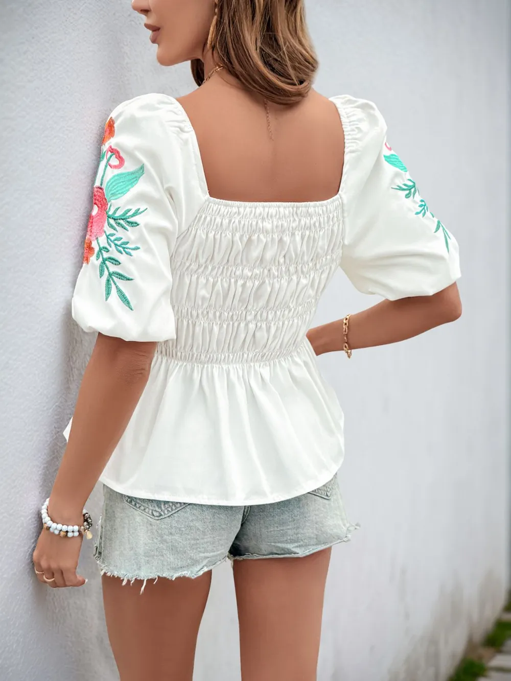 Embroidered Smocked Square Neck Half Sleeve Blouse, image 2