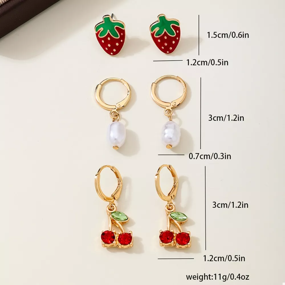 3 Piece 18K Gold-Plated Strawberry Cherry and Pearl Earrings, image 6