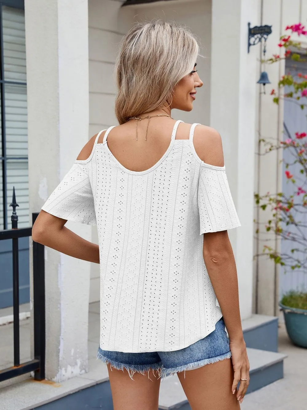 Round Neck Cold Shoulder Eyelet T-Shirt, image 15