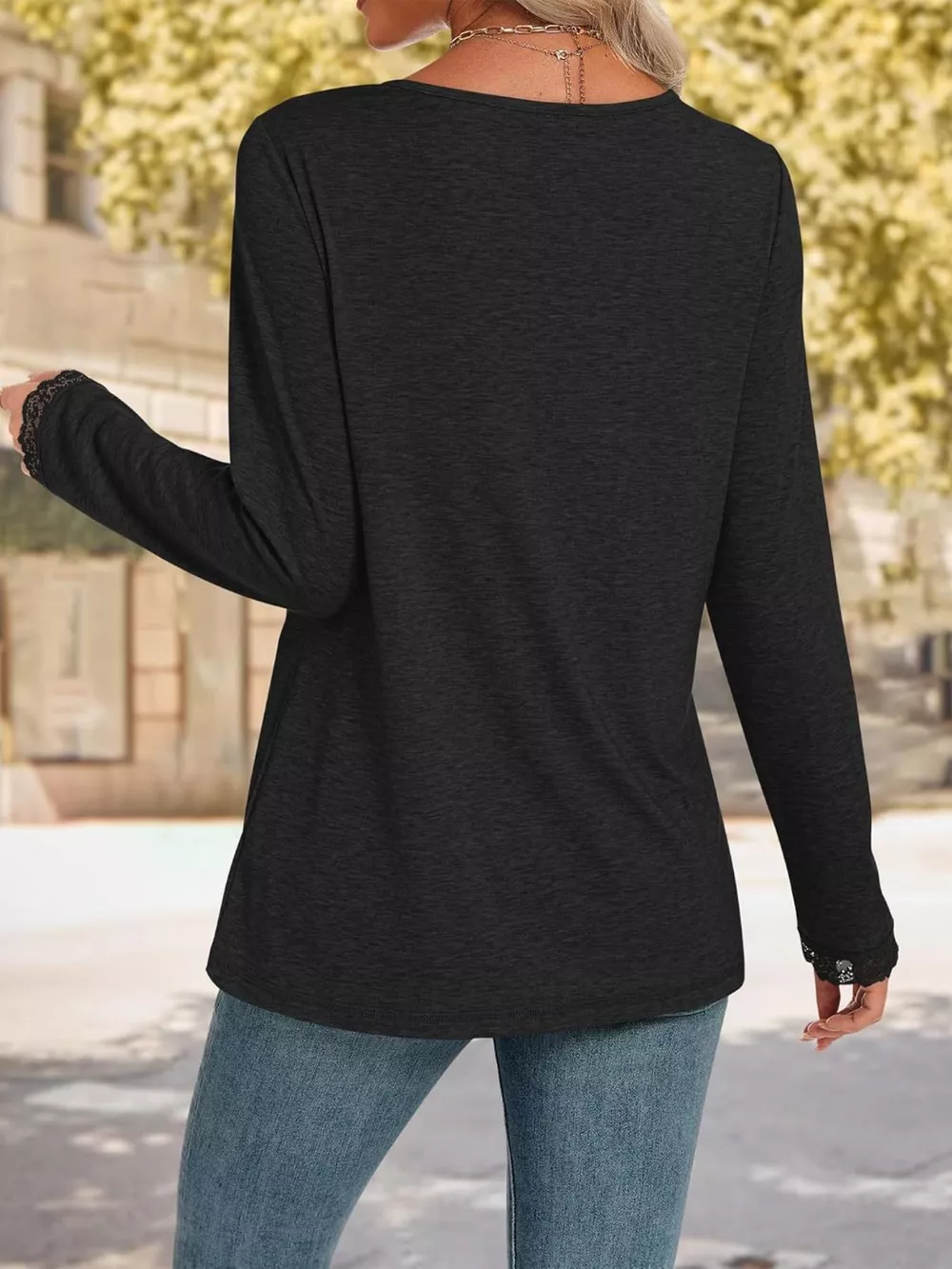 Lace Trim V-Neck Long Sleeve T-Shirt, image 6