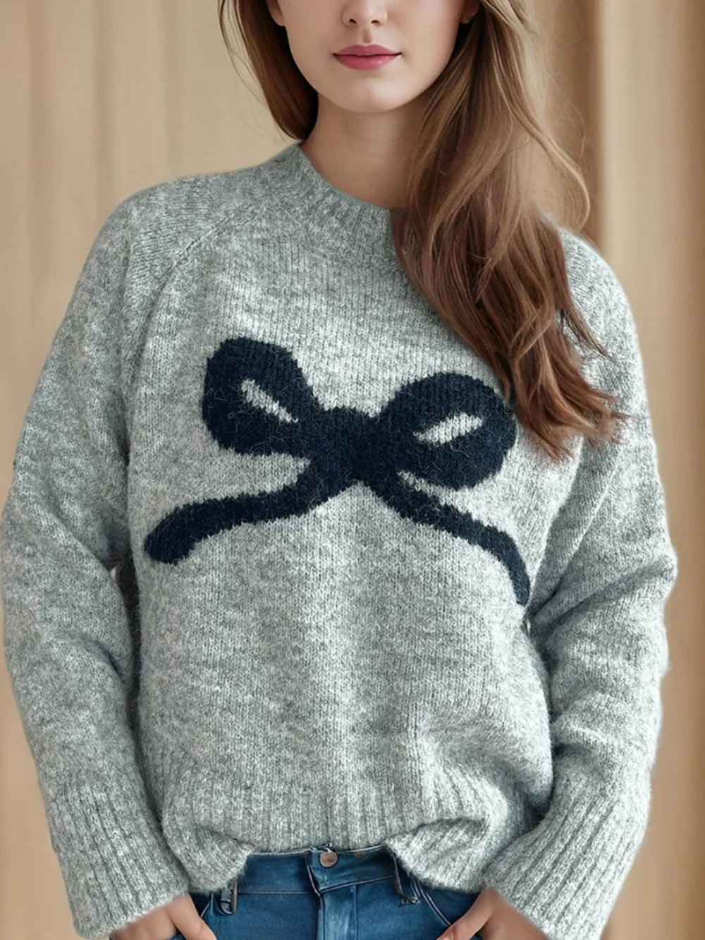 Bow Round Neck Long Sleeve Sweater, image 5