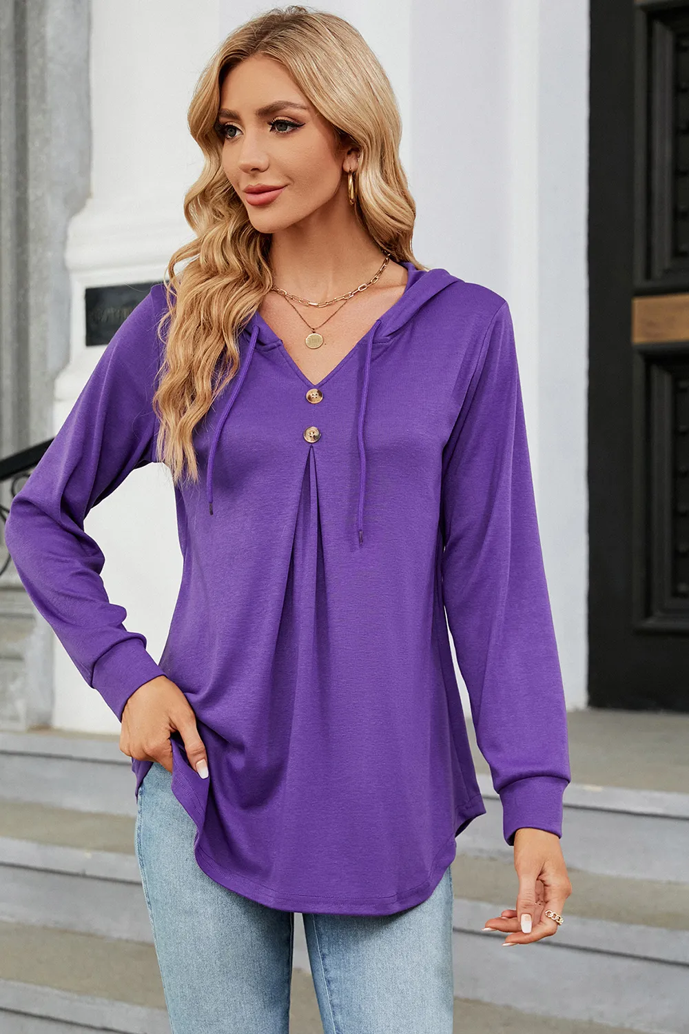 Decorative Button Drawstring Long Sleeve Hoodie, image 17