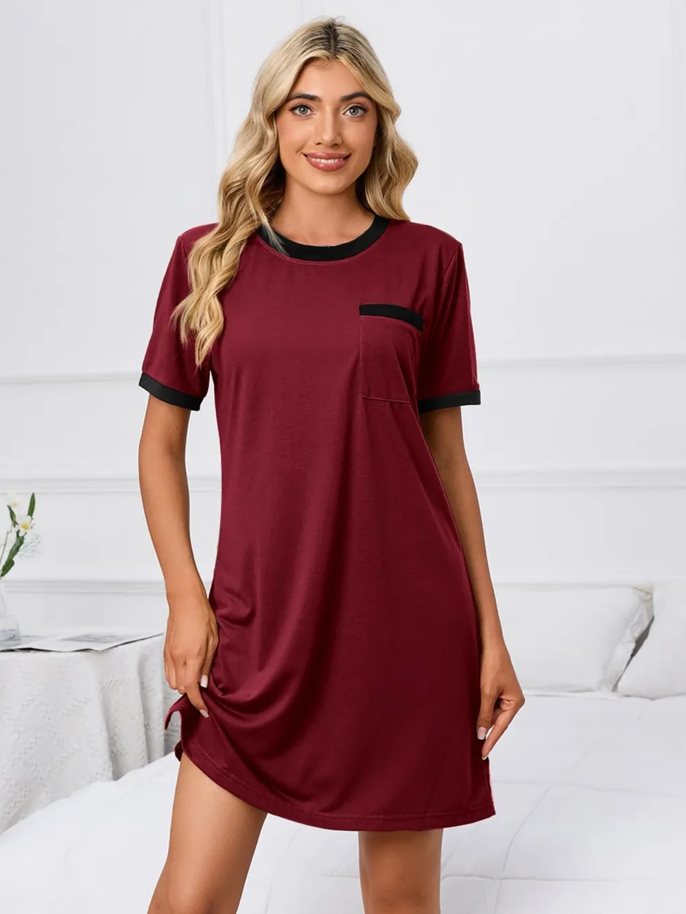 Contrast Trim Round Neck Mini Dress, image 2