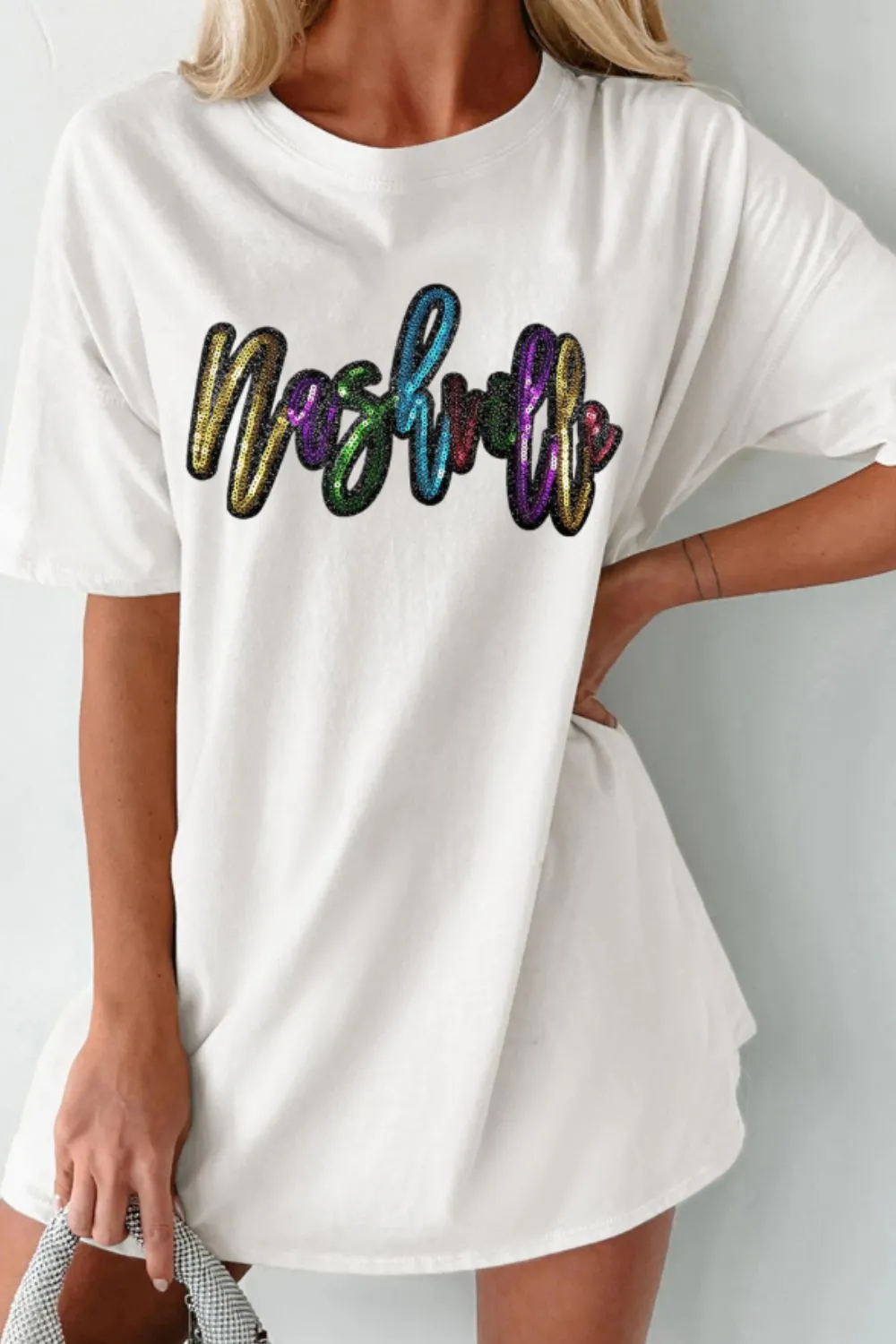 Sequin Round Neck Short Sleeve Oversized T-Shirt, image 4