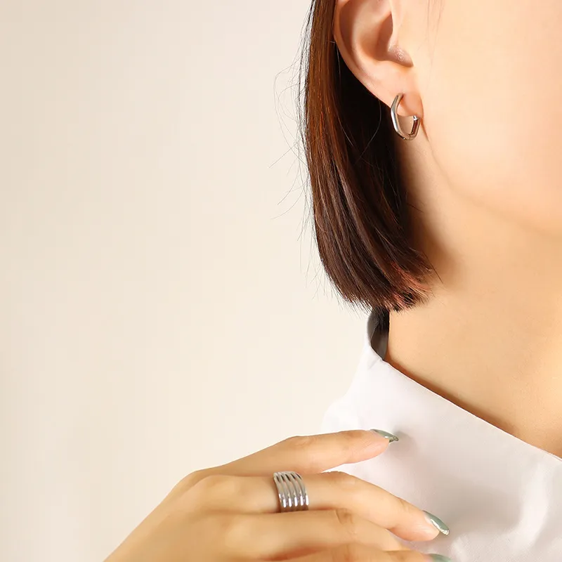 Titanium Steel Geometric Huggie Earrings, image 12