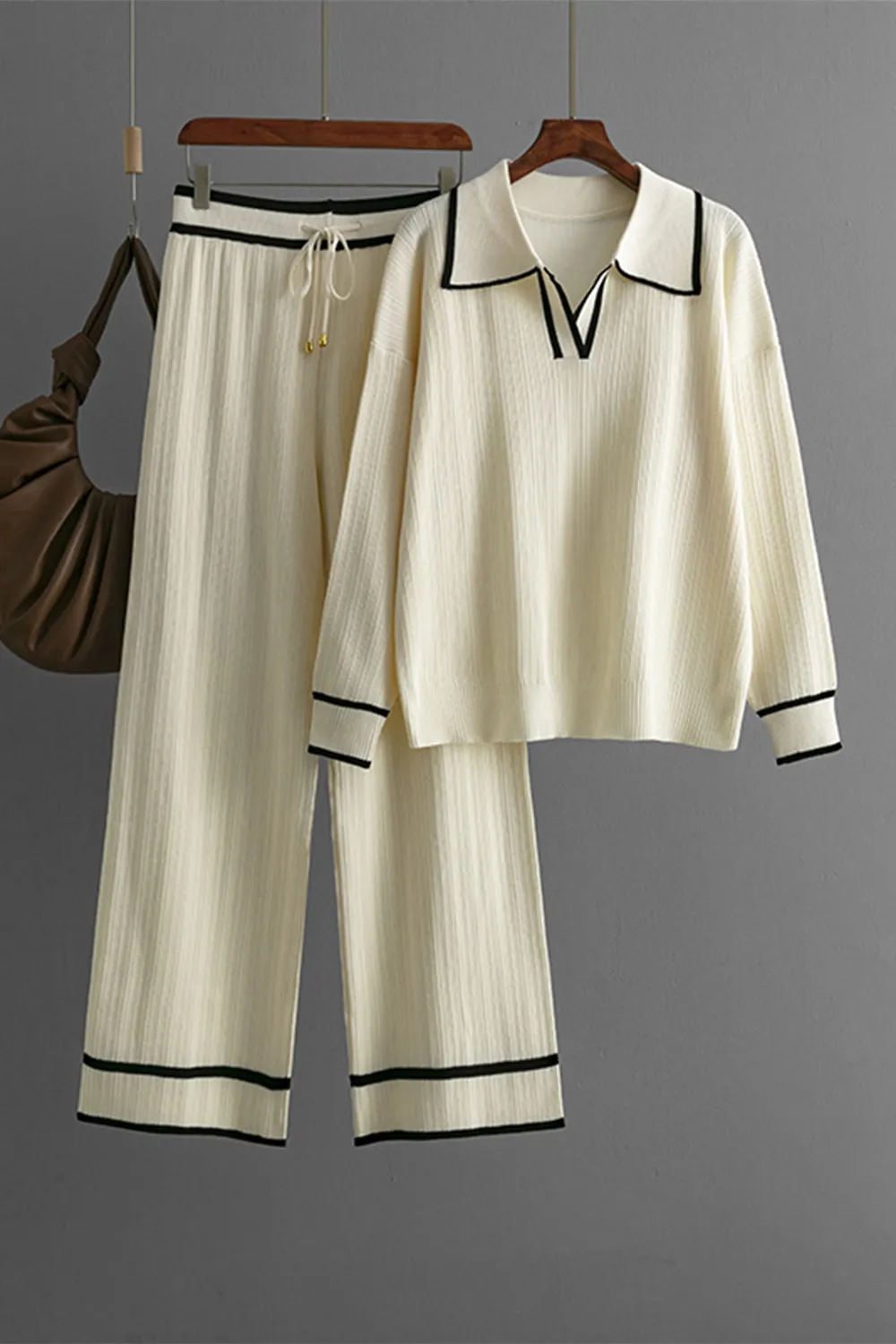 Contrast Trim Johnny Collar Top and Drawstring Pants Sweater Set, image 16