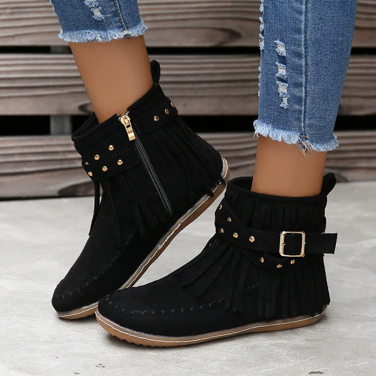 Fringe Studded Suede Flat Boots, image 5
