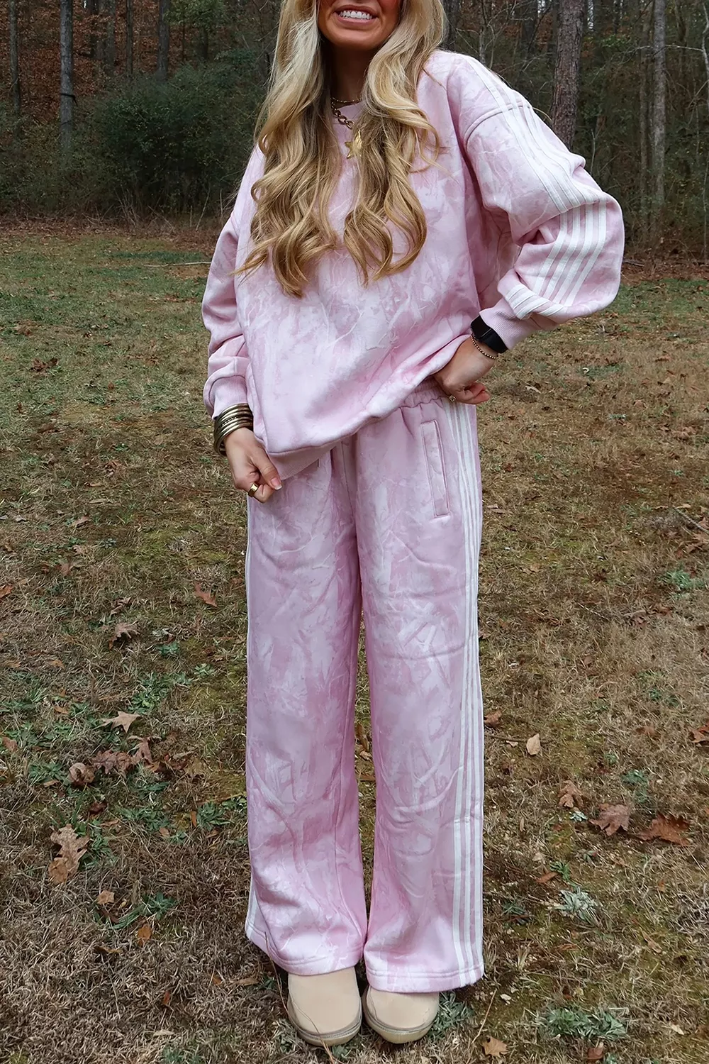 Abstract Print Side Stripe Detail Long Sleeve Top Loose Pants Set, image 2