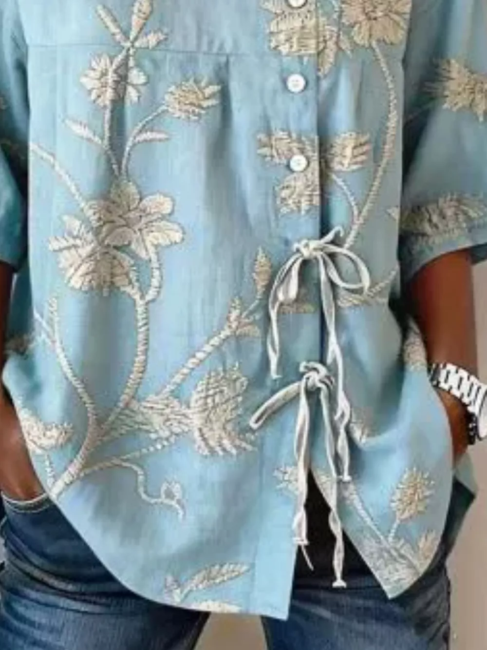 Full Size Embroidered Floral Tie Front Shirt Plus Size, image 6