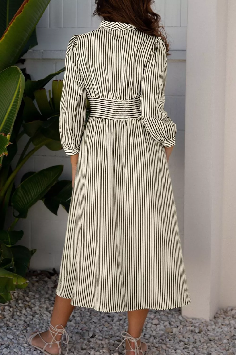 Stripe V Neck Zip Front Cinched High Waist Midi Dress, image 8