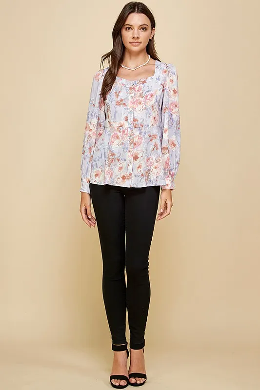 Floral Sweetheart Neckline Button Down Blouse, image 6