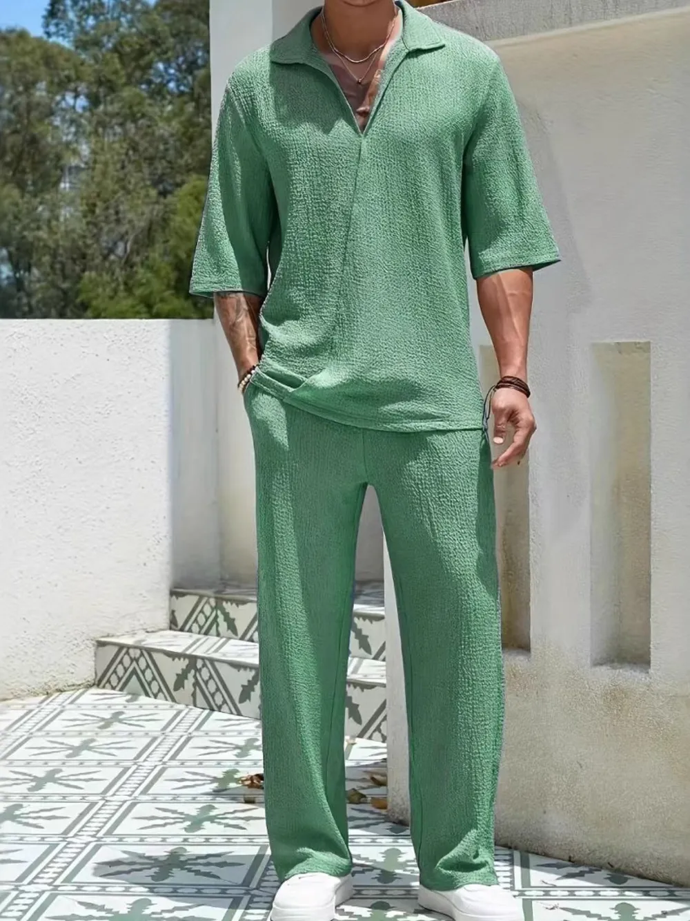 Men's Johnny Collar Half Sleeve Top and Pants Set, image 7