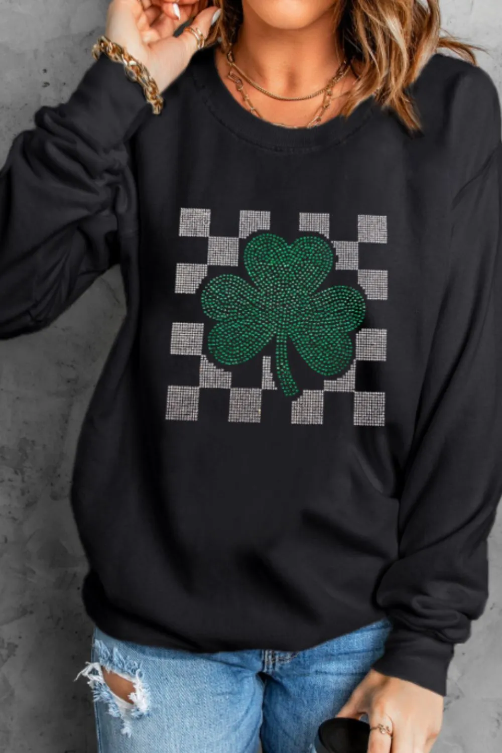 Rhinestone Checkered Lucky Clover Round Neck Sweatshirt, image 5