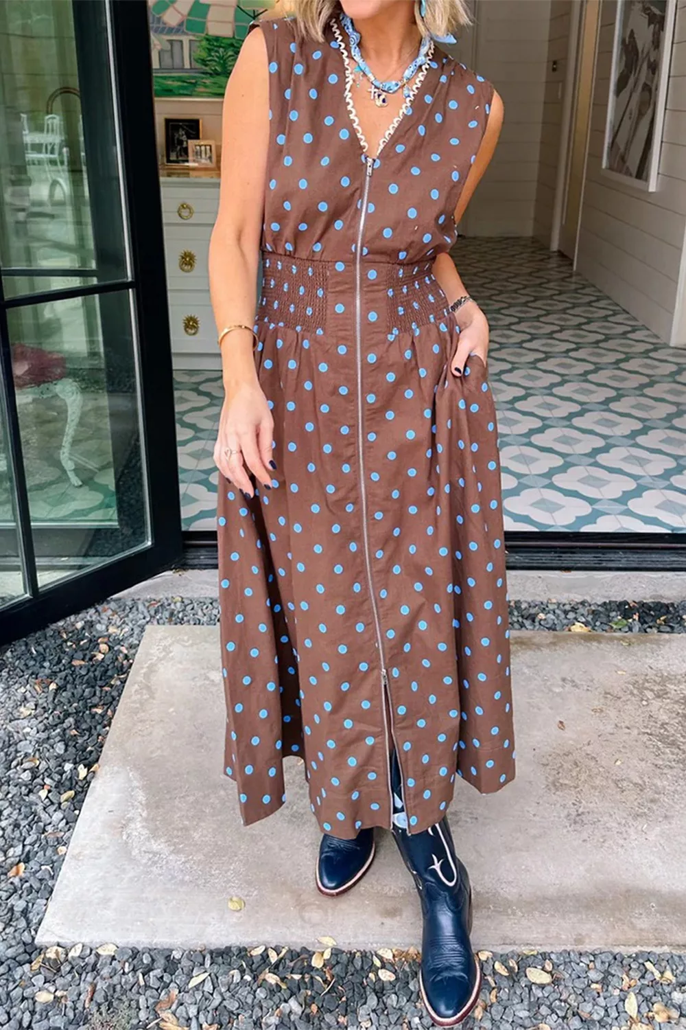 Polka Dot Zipper Front Midi Dress, image 5