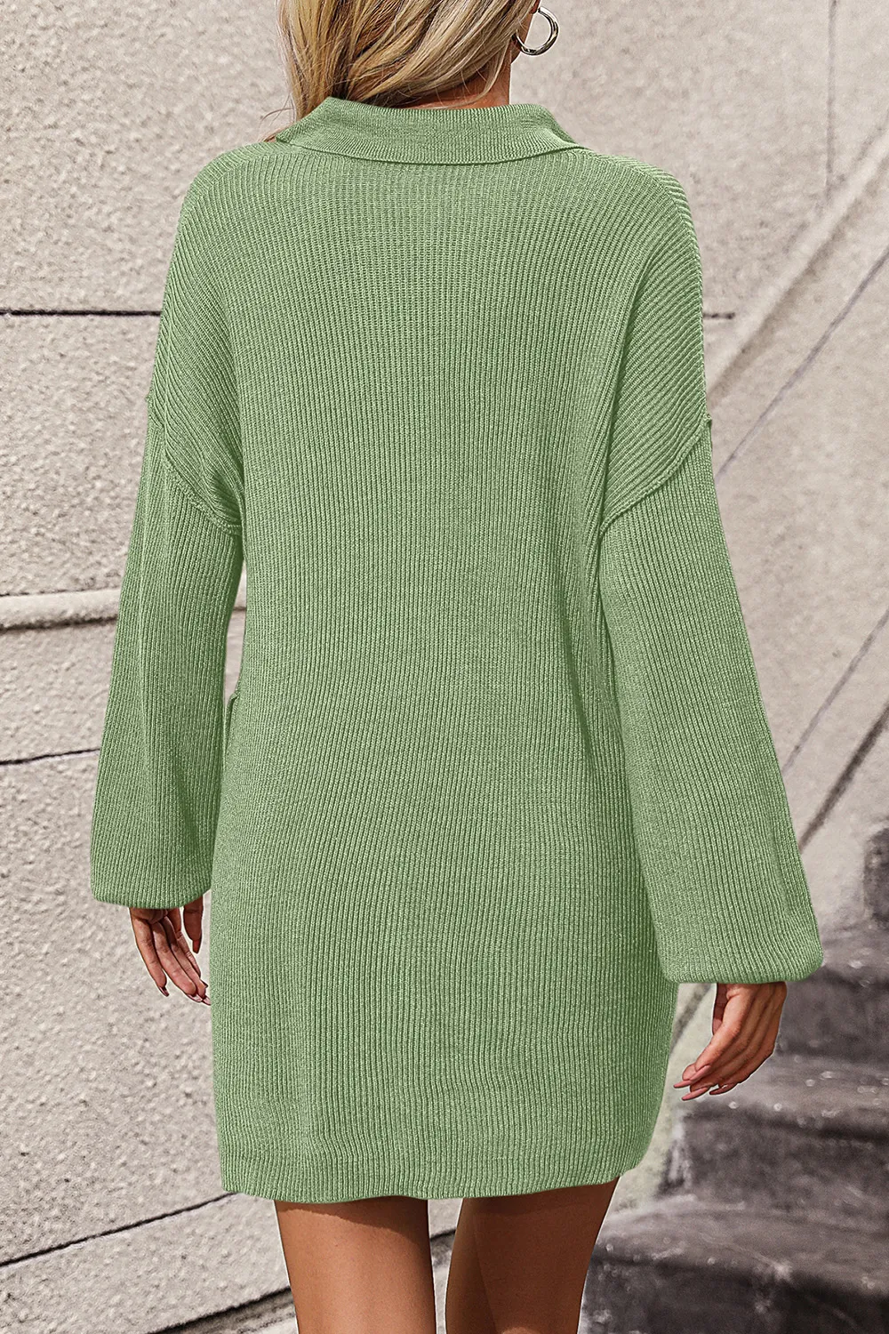 Collared Neck Long Sleeve Sweater Dress with Pockets, image 8