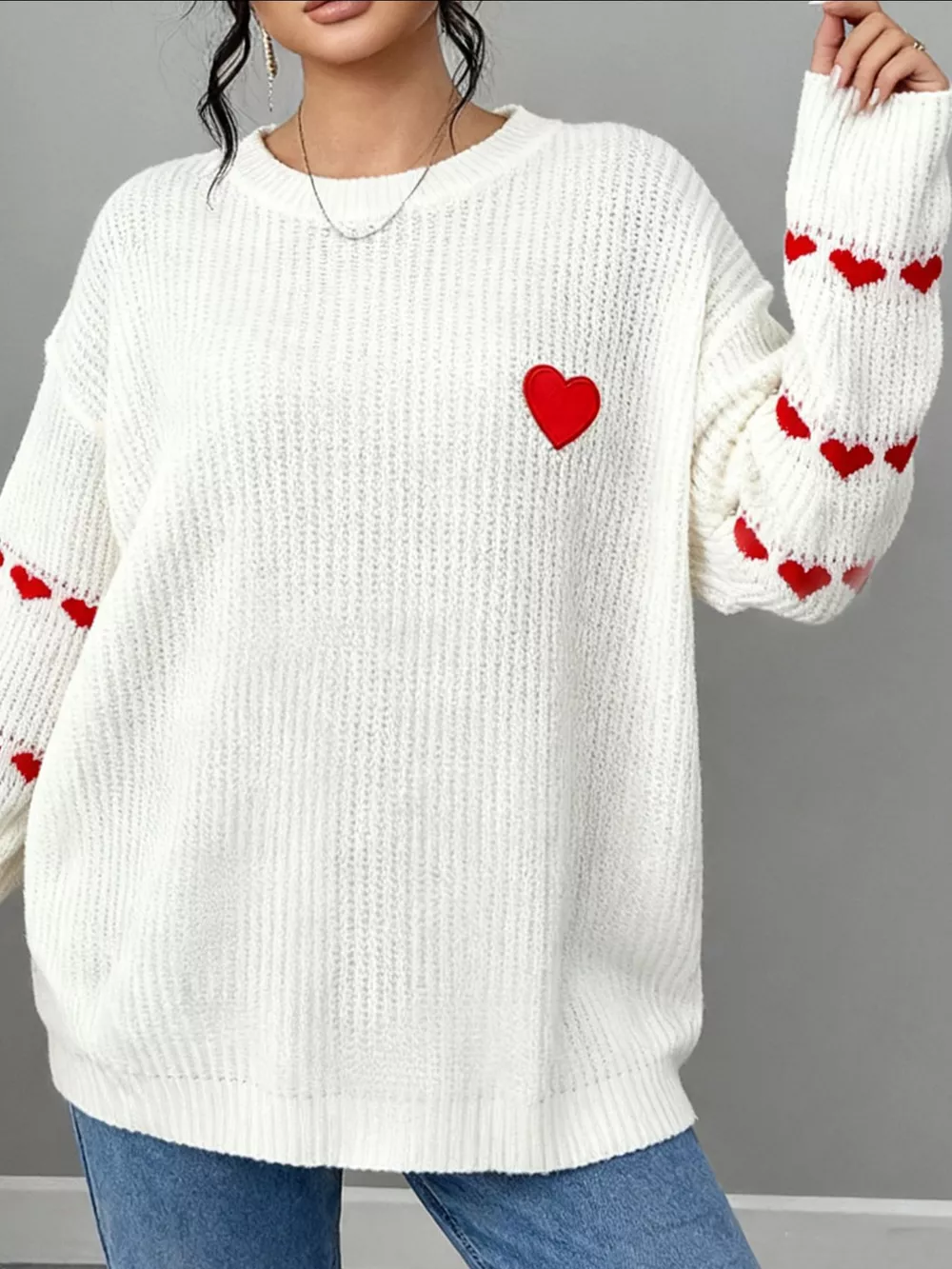 Heart Pattern Round Neck Sweater, image 3