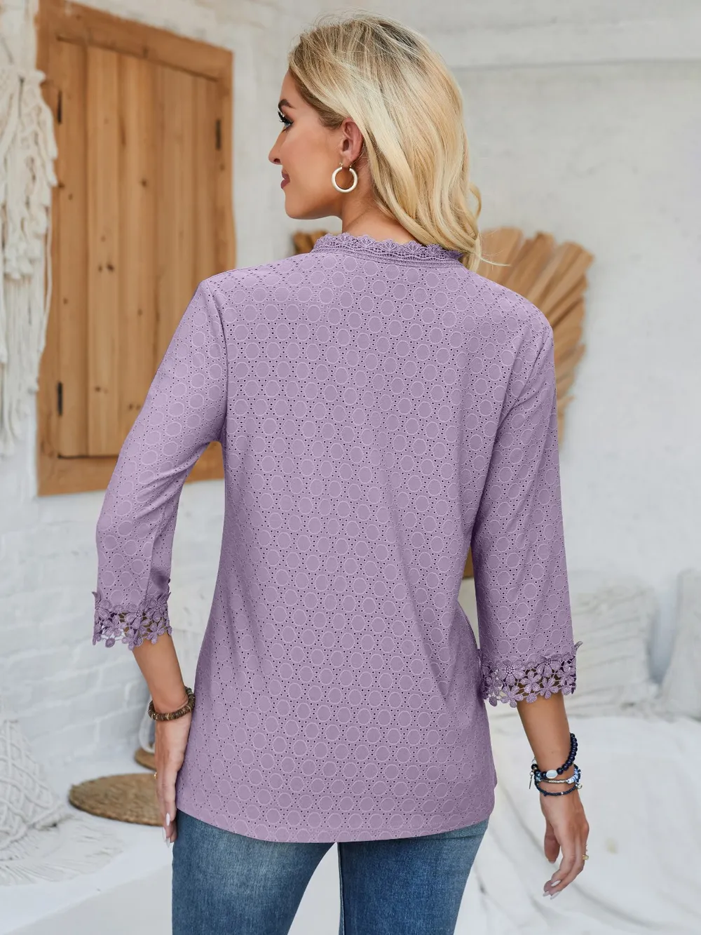 Lace Detail V-Neck Three-Quarter Sleeve Blouse, image 24