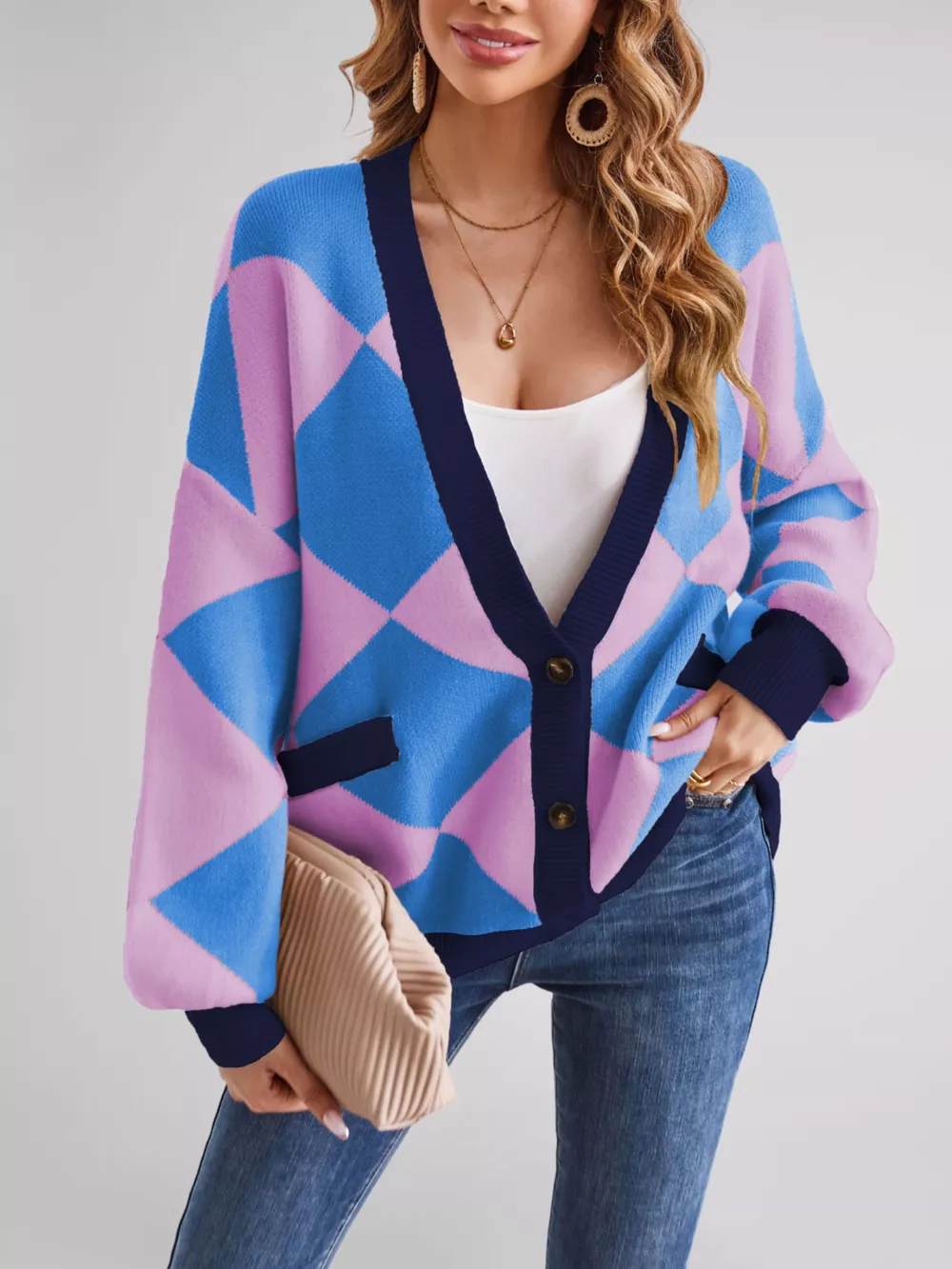 Diamond Pattern Button-Up Knit Cardigan, image 8
