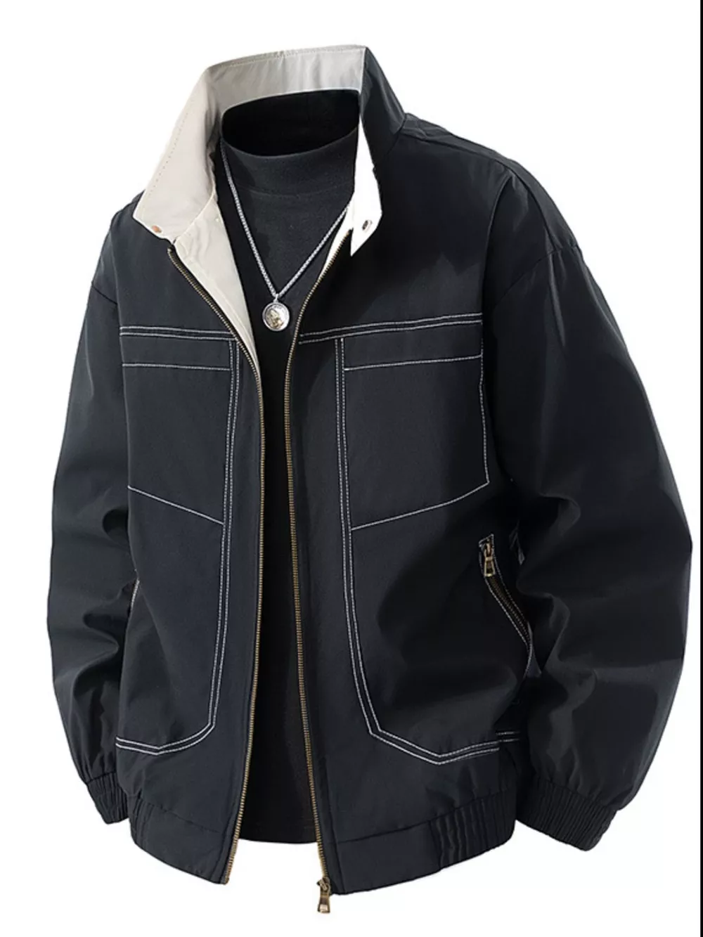Men's Plus Size Zip Up Contrast Collar Casual Jacket, image 2
