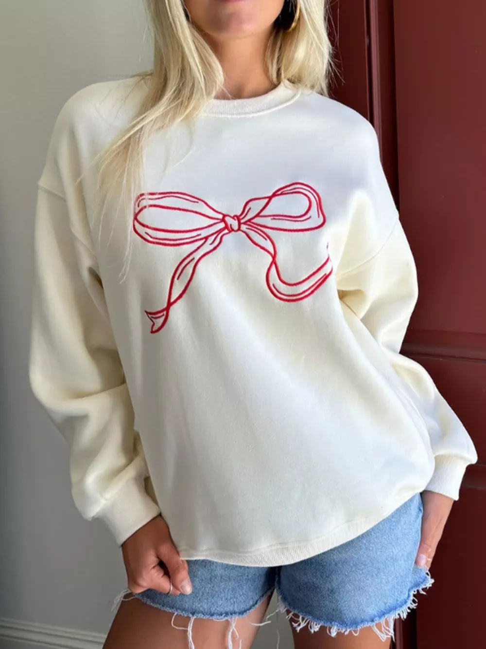 Bow Crew Neck Drop Shoulder Sweatshirt, image 3