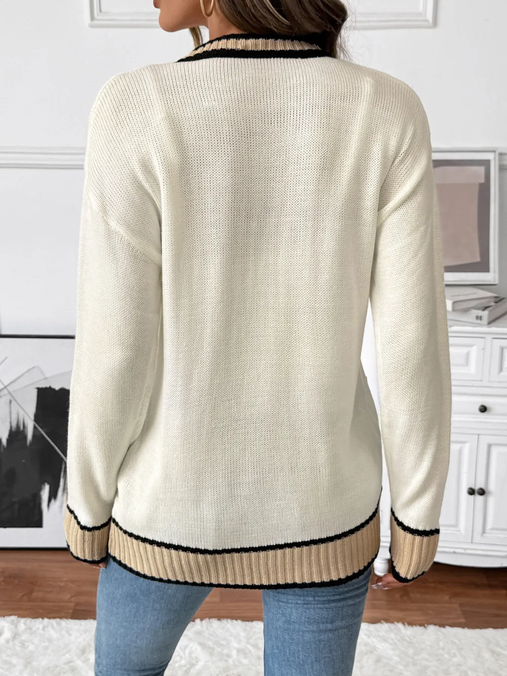 Contrast Trim Button Up Knit Cardigan, image 4