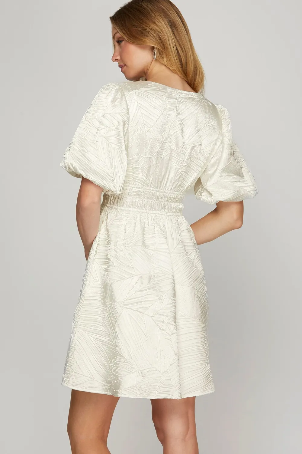Crinkle Woven V-Neck Balloon Sleeve Mini Dress, image 2