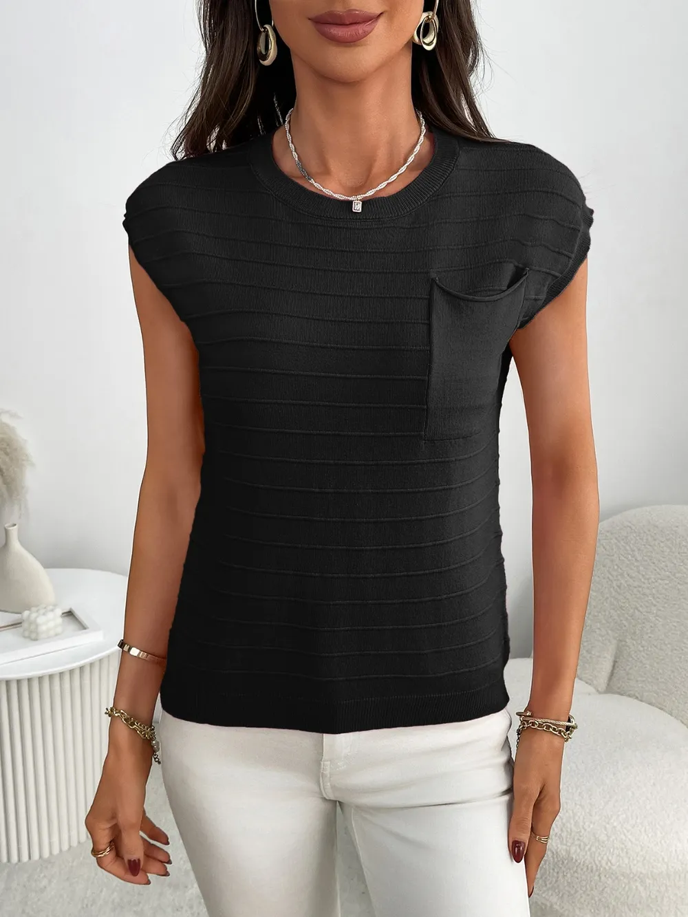 Round Neck Cap Sleeve Knit Top, image 8