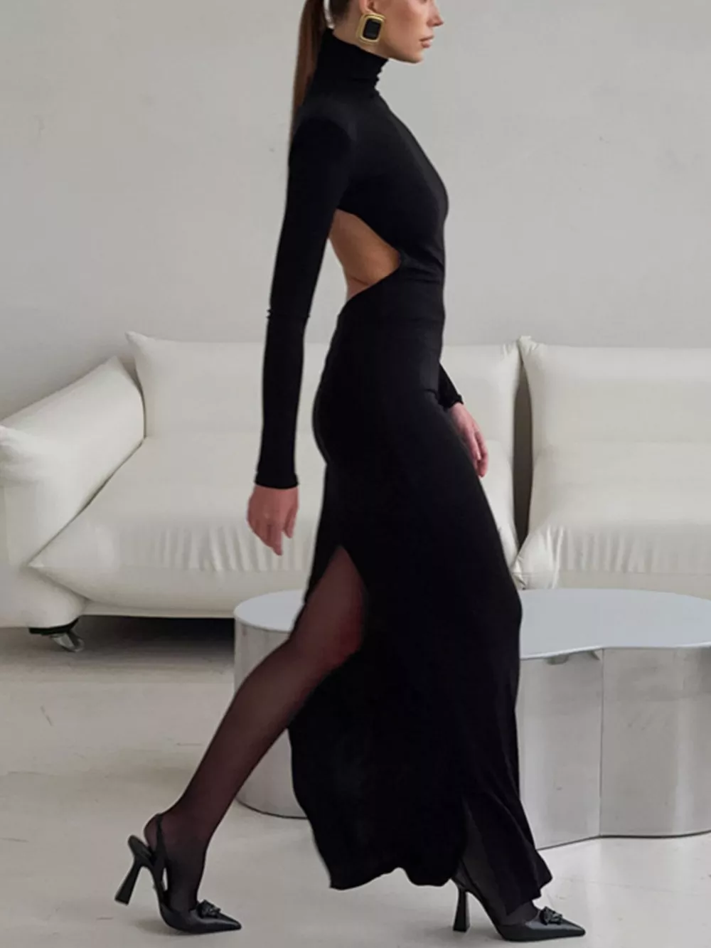 Backless Turtleneck Long Sleeve Bodycon Maxi Dress, image 3