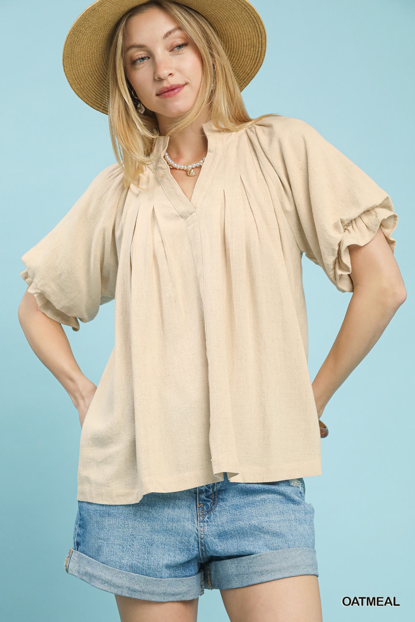 Linen V-Neck Flutter Sleeve Top