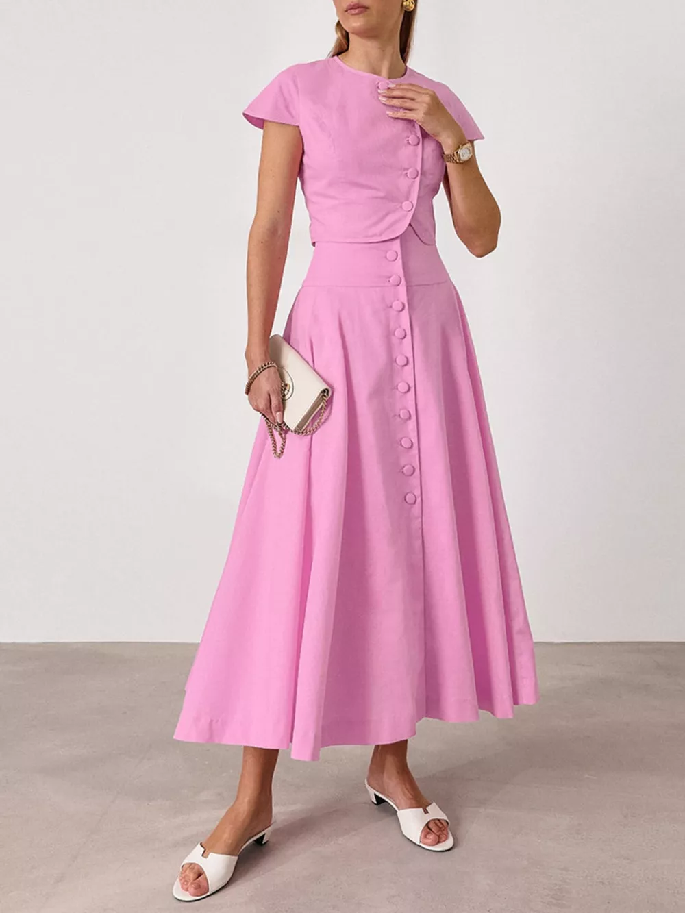 Cap Sleeve Button-Down Crop Top and Midi Skirt Set, image 5