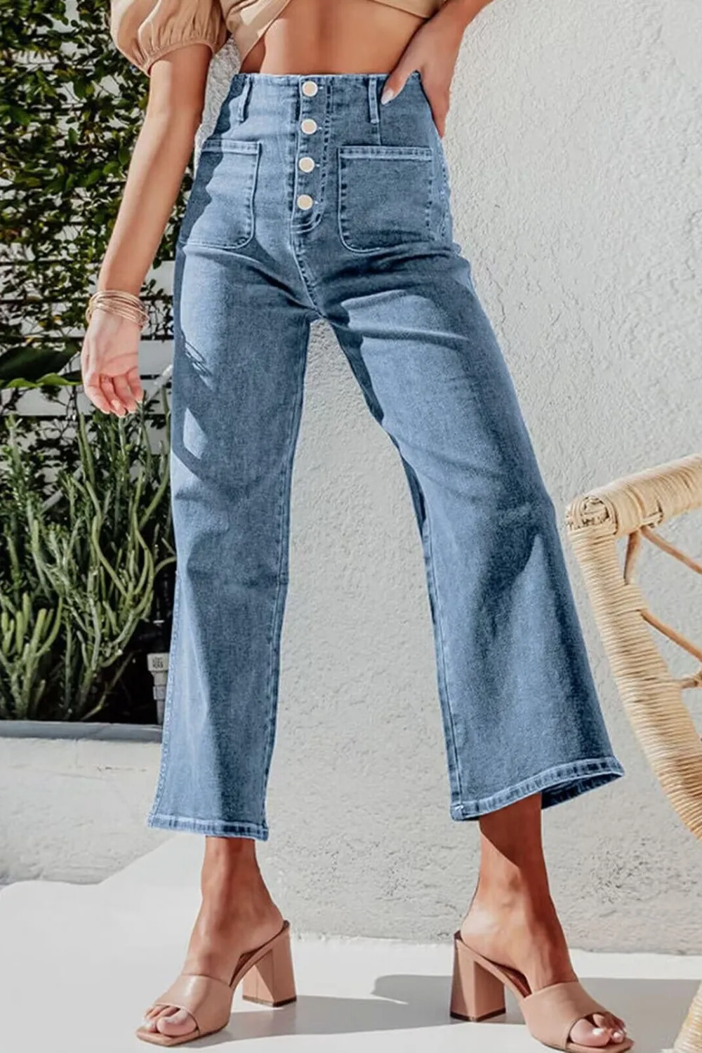 Button Fly Cropped Wide Leg Jeans, image 8