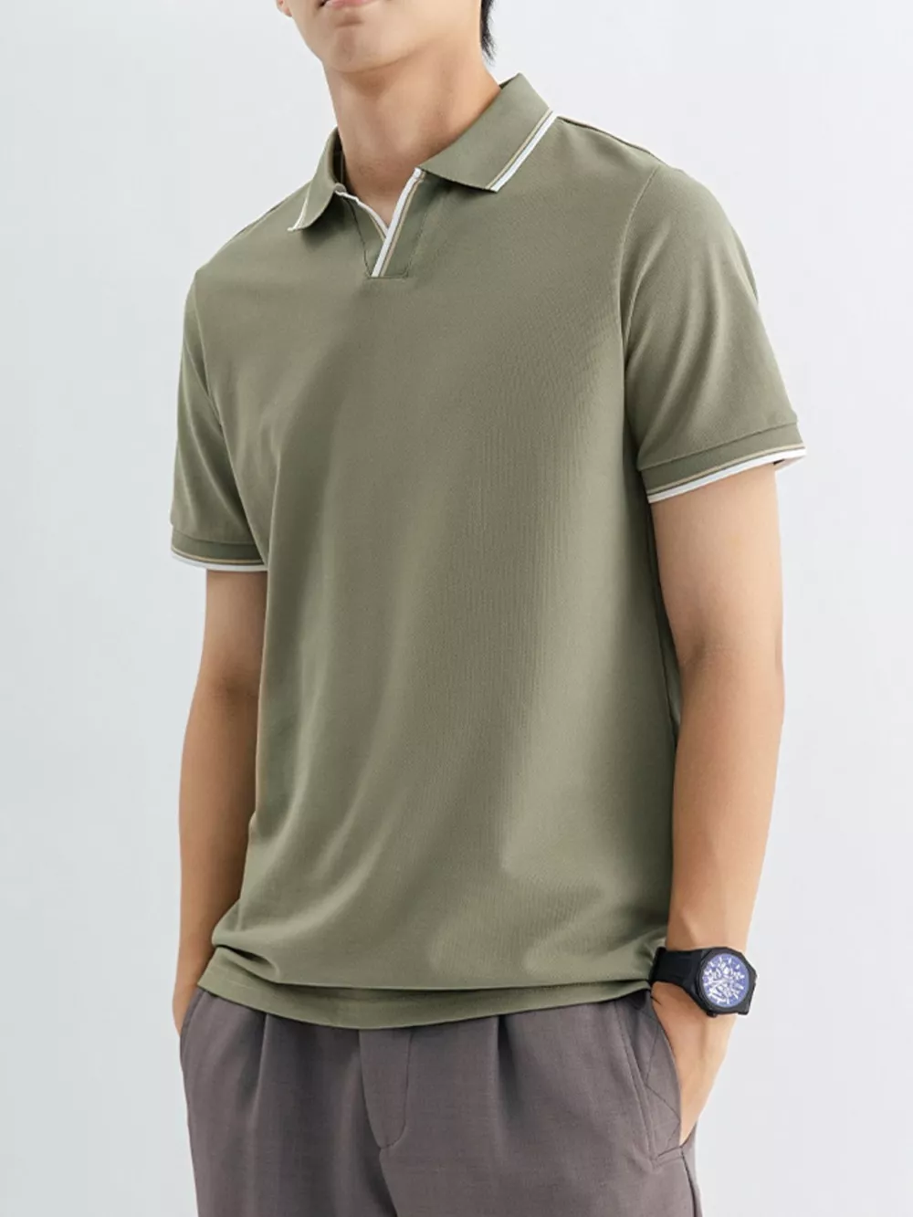 Men's Plus Size Casual Slim-Fit Striped Trim Polo