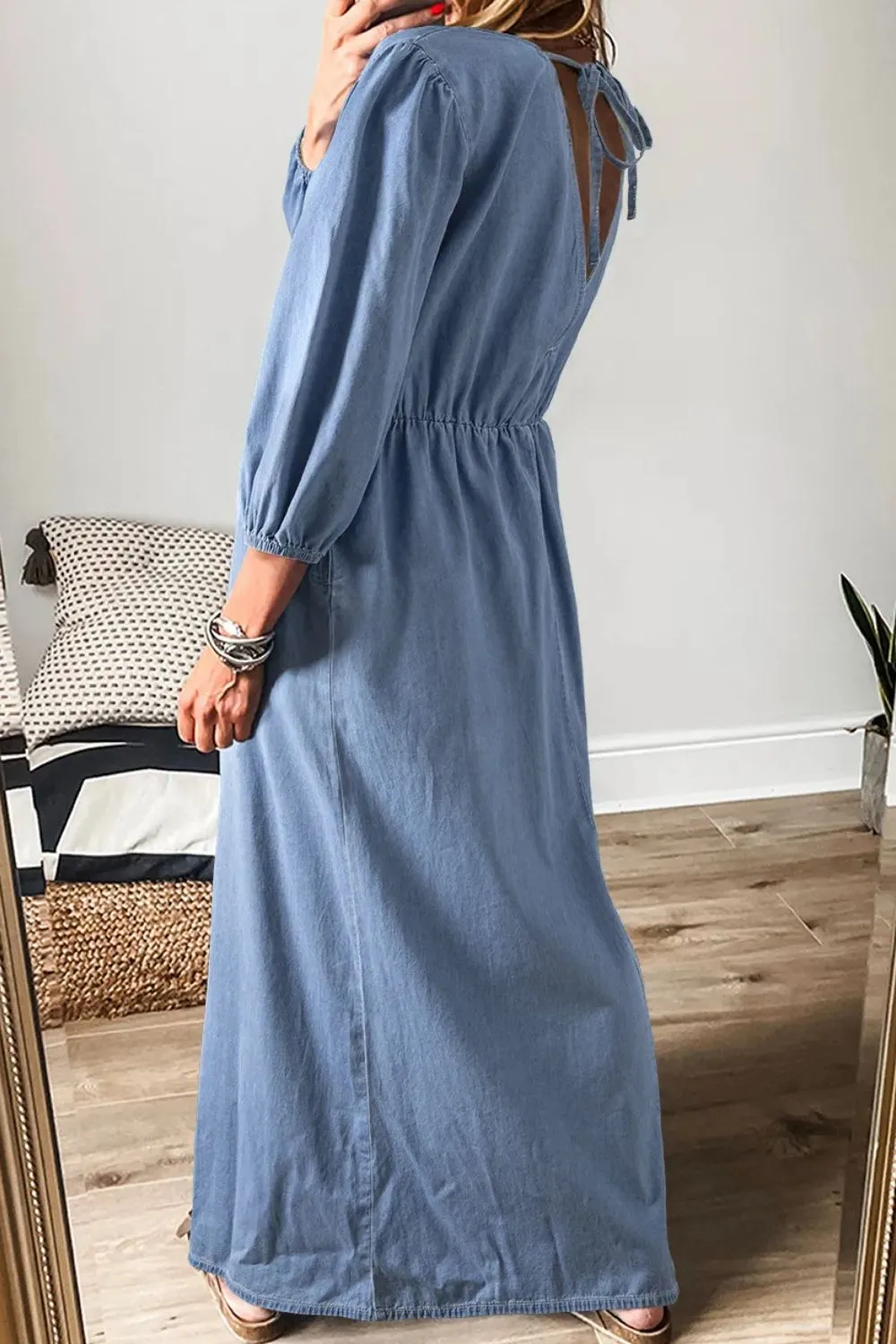 Tied Plunge Three-Quarter Sleeve Denim Dress, image 6