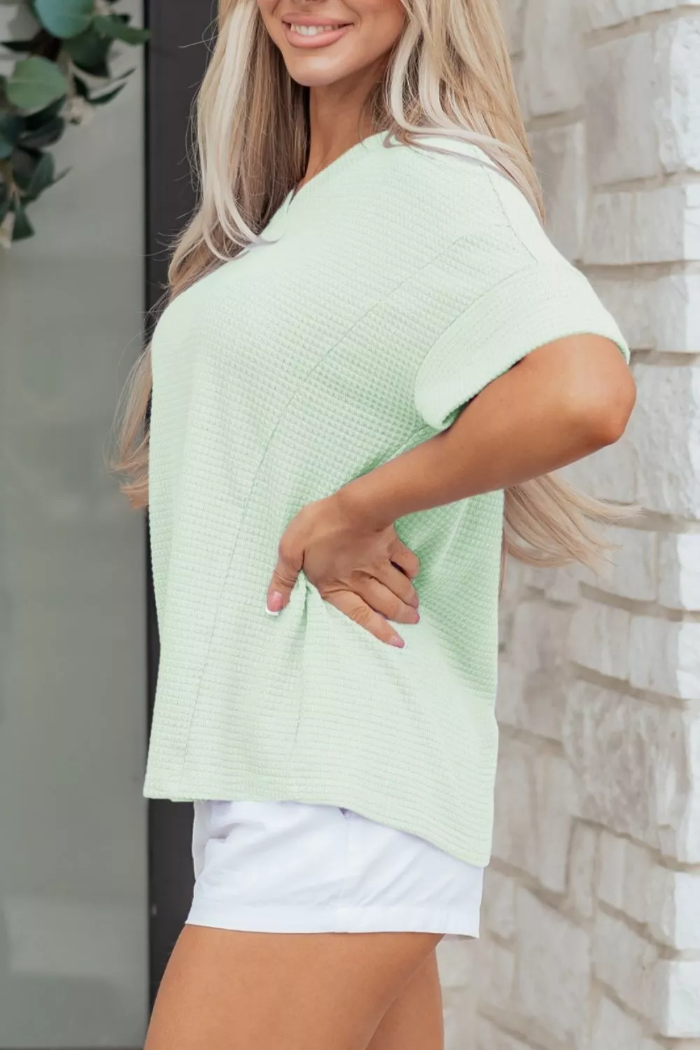 V Neck Short Sleeve Plus Size Waffle Knit Top, image 12
