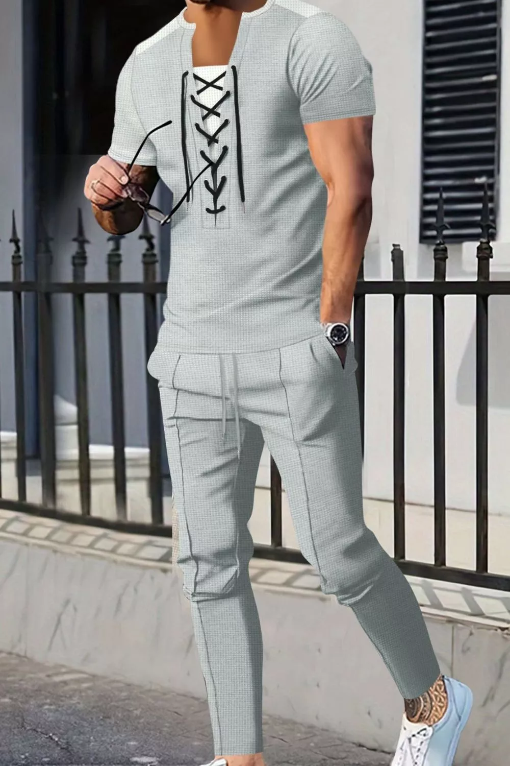 Men's Full Size Lace-Up Front Top and Pants Casual Set Plus Size, image 11