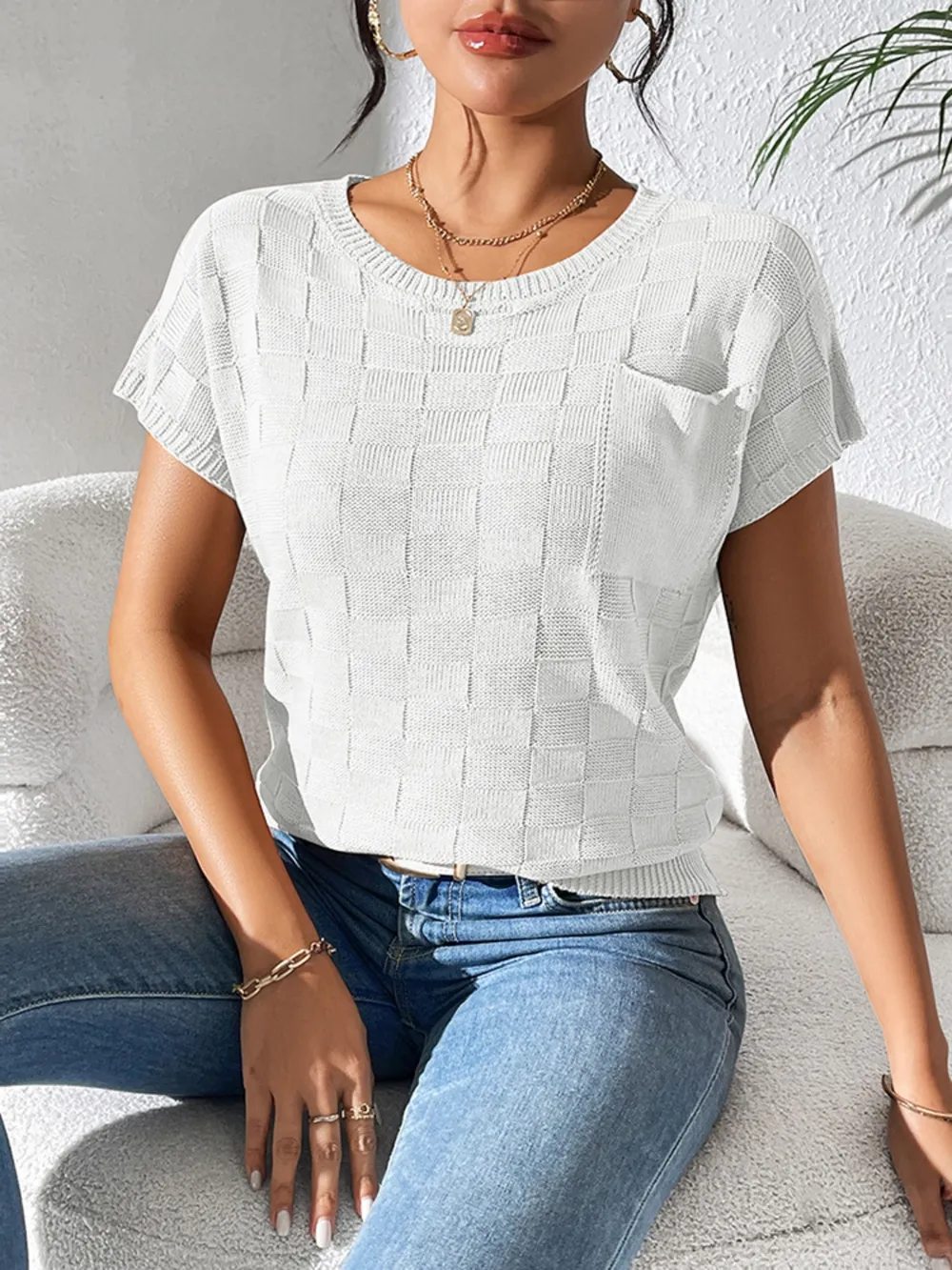 Round Neck Short Sleeve Knit Top, image 10