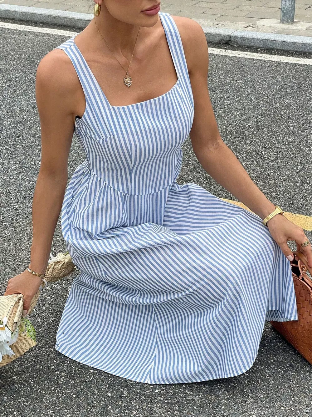 Striped Square Neck Midi Dress, image 13