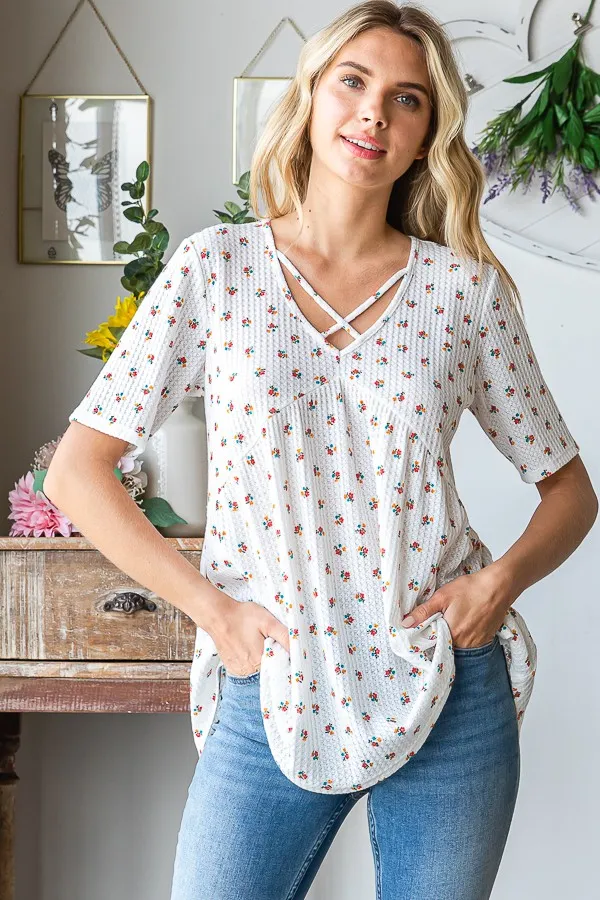 Full Size Crisscross Ditsy Floral Babydoll Top Plus Size, image 6