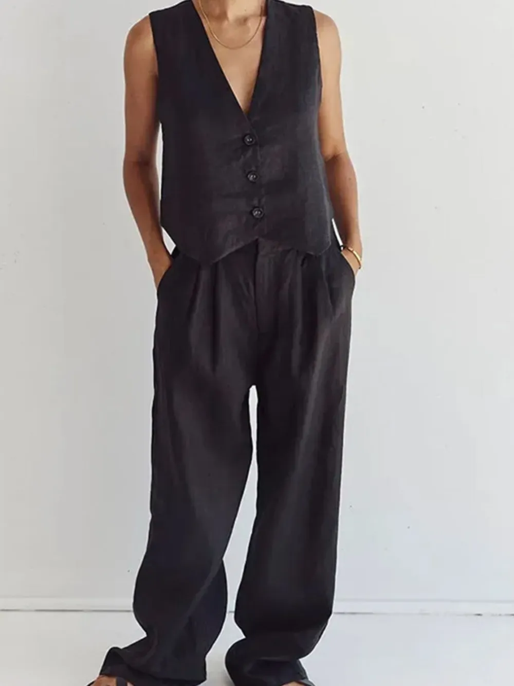 Full Size V-Neck Vest and Wide Leg Pants Set Plus Size, image 7