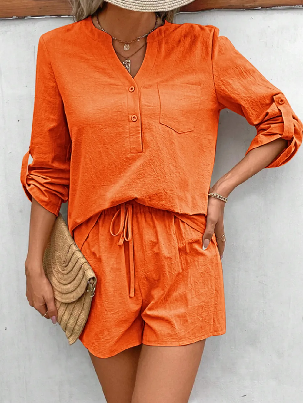 Notched Long Sleeve Top and Shorts Set, image 8